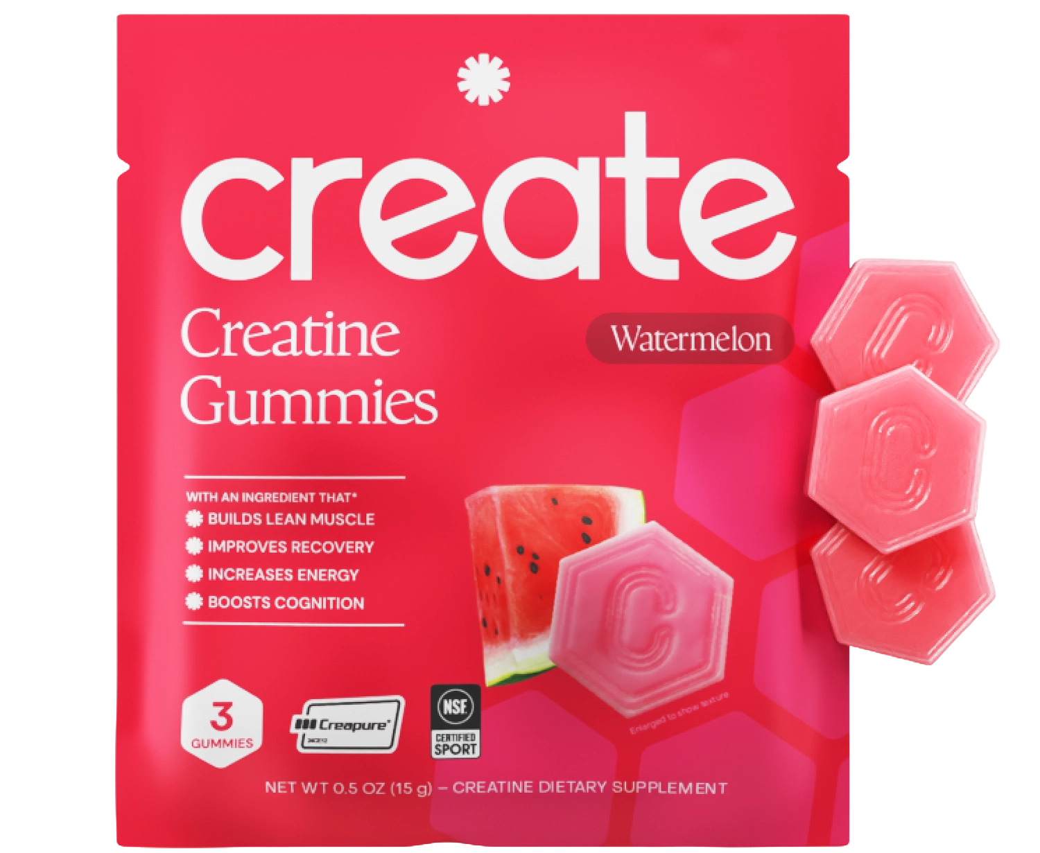 Watermelon gummy pouch with three watermelon gummies