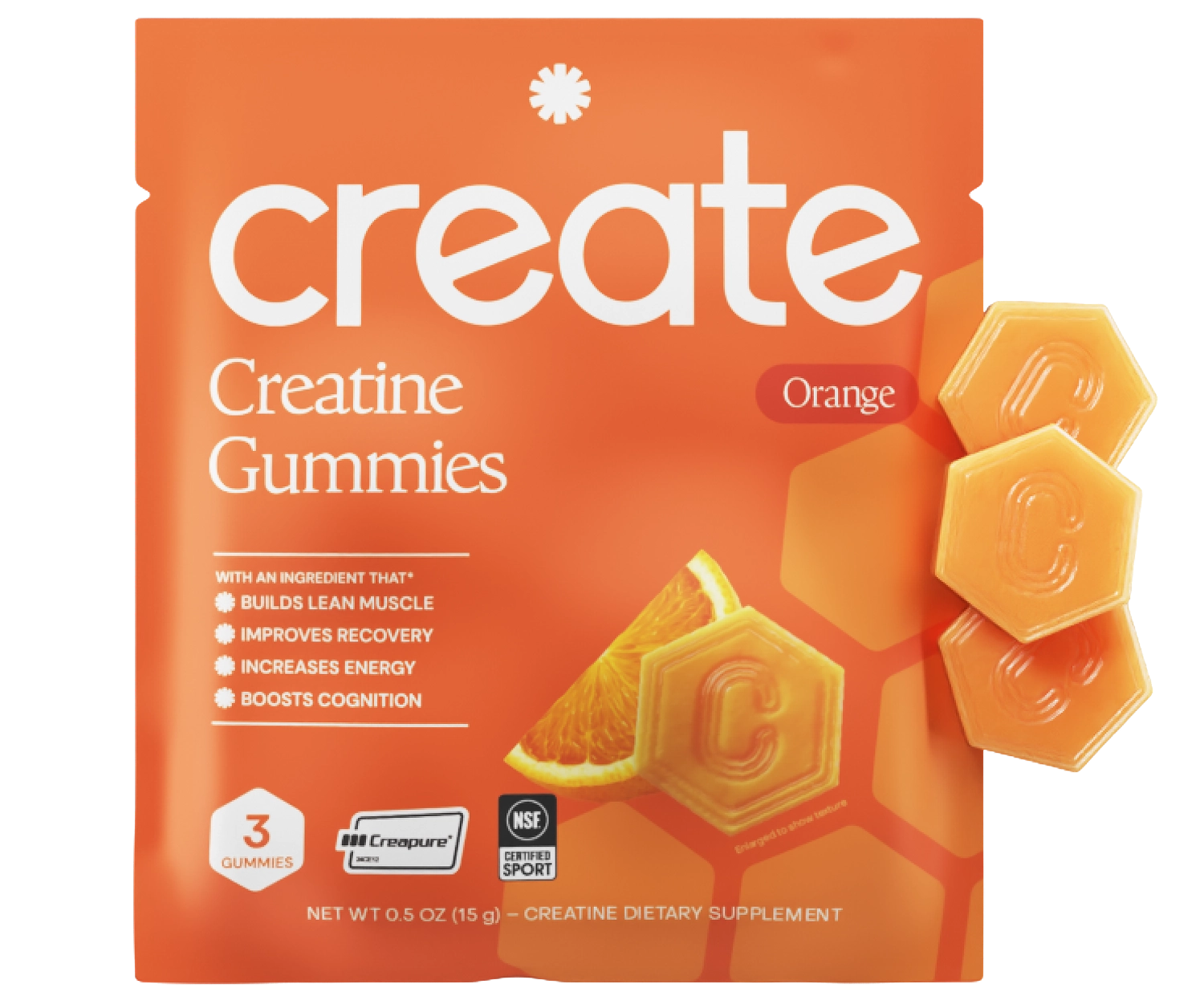 Orange gummy pouch with three gummies