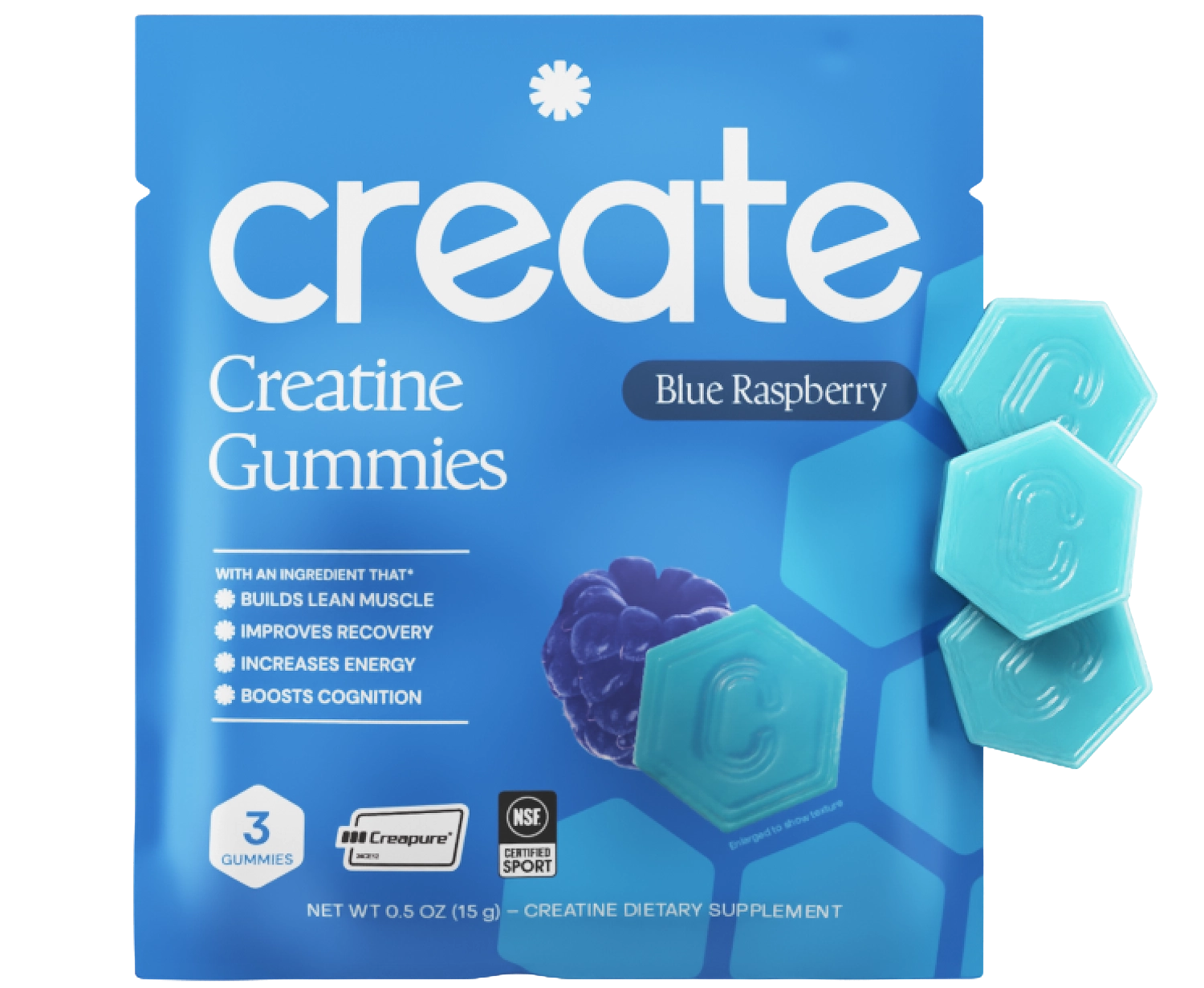 Blue Raspberry gummy pouch with three gummies
