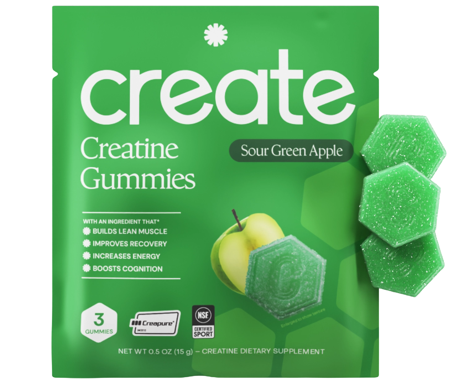 Sour Green Apple gummy pouch with three gummies