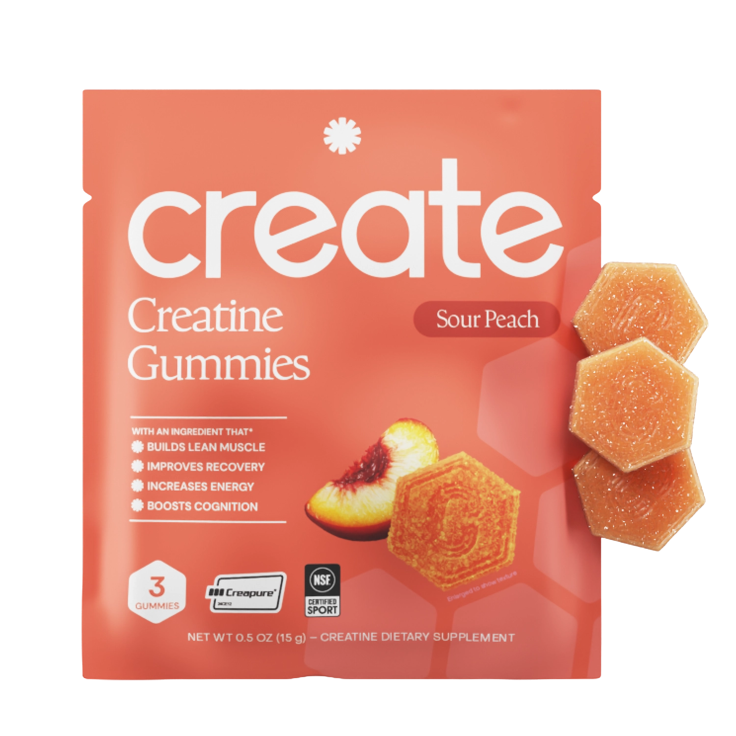 Sour Peach gummy pouch with three gummies