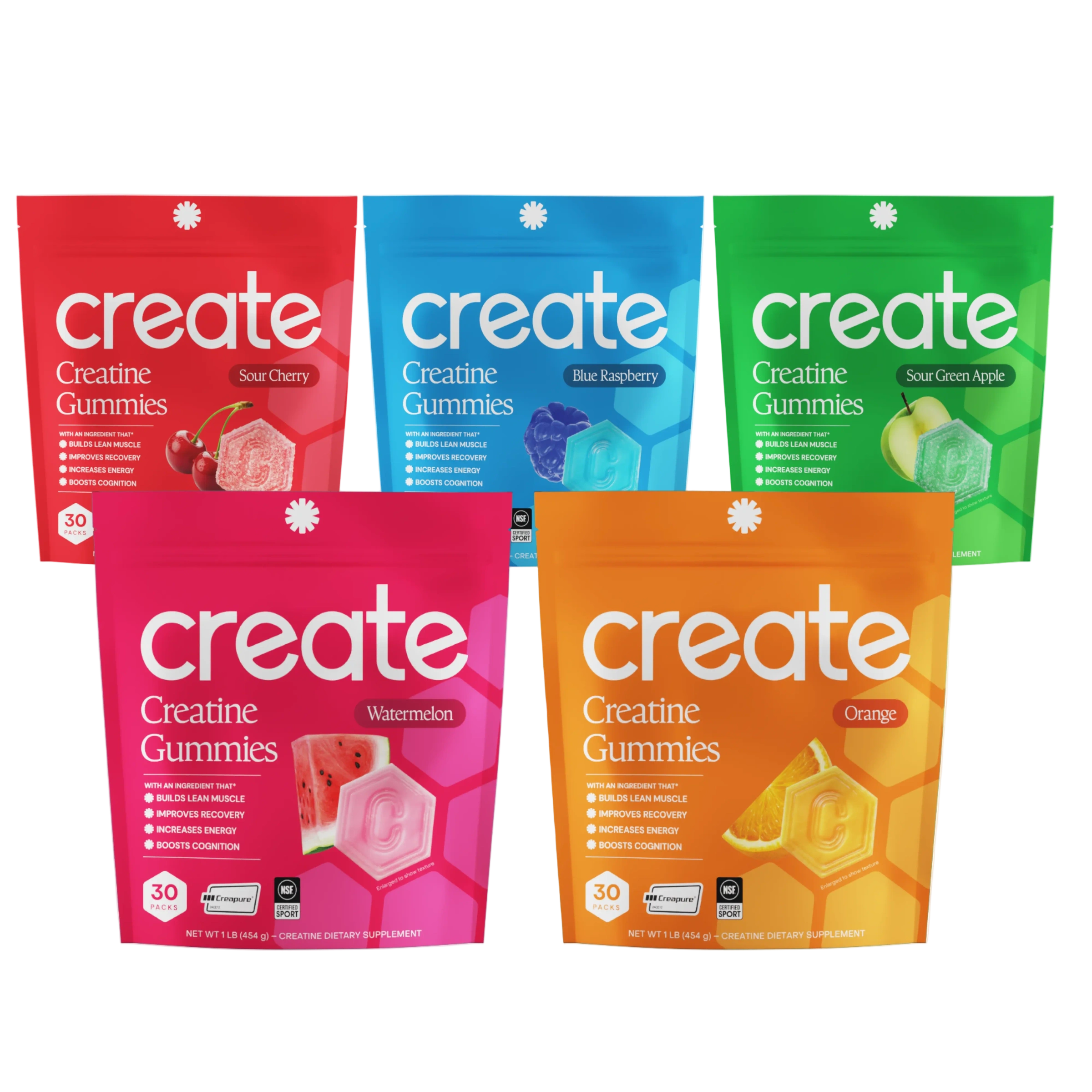 Five Create gummy pouches arranged in a cluster