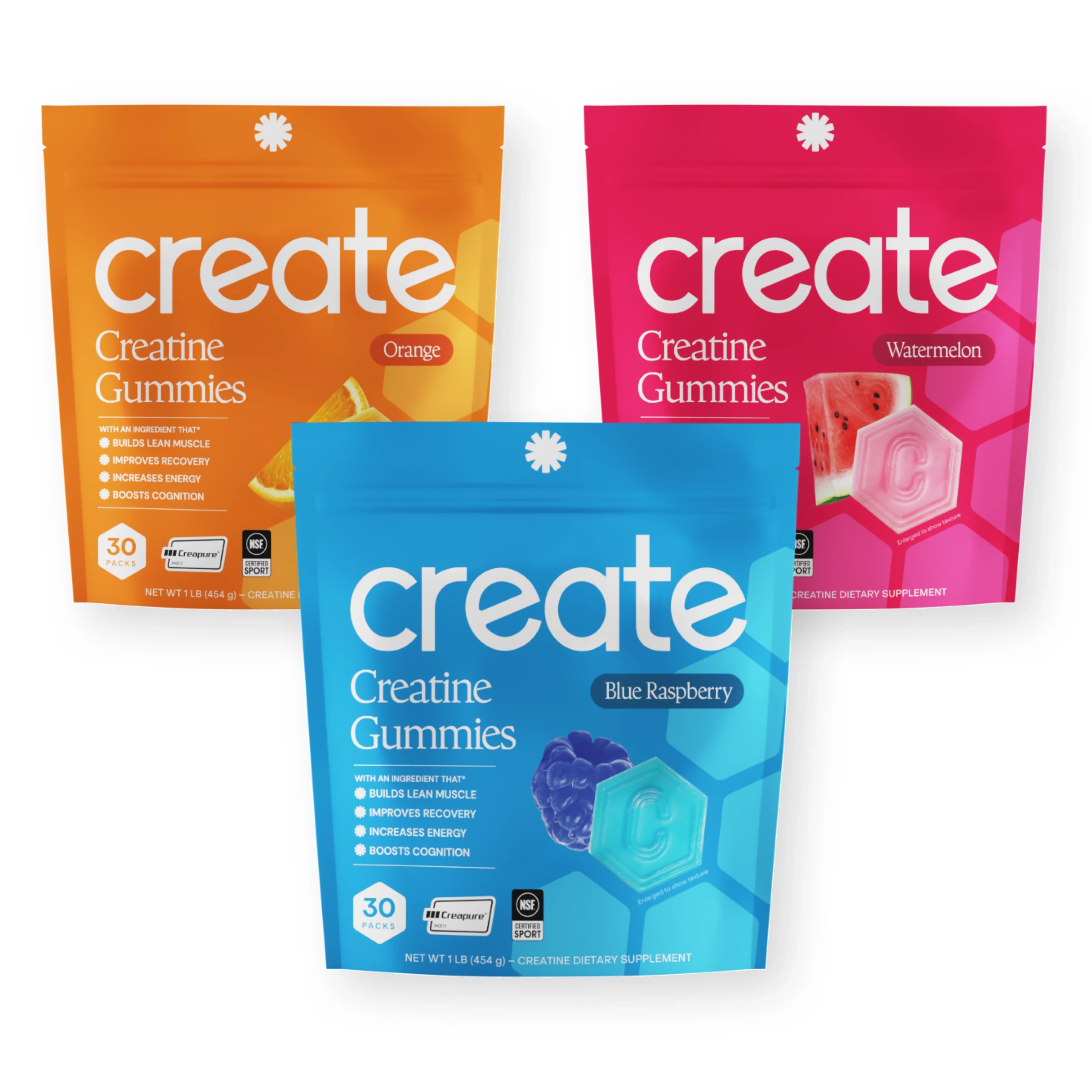 Five Create gummy pouches in different flavors standing side by side