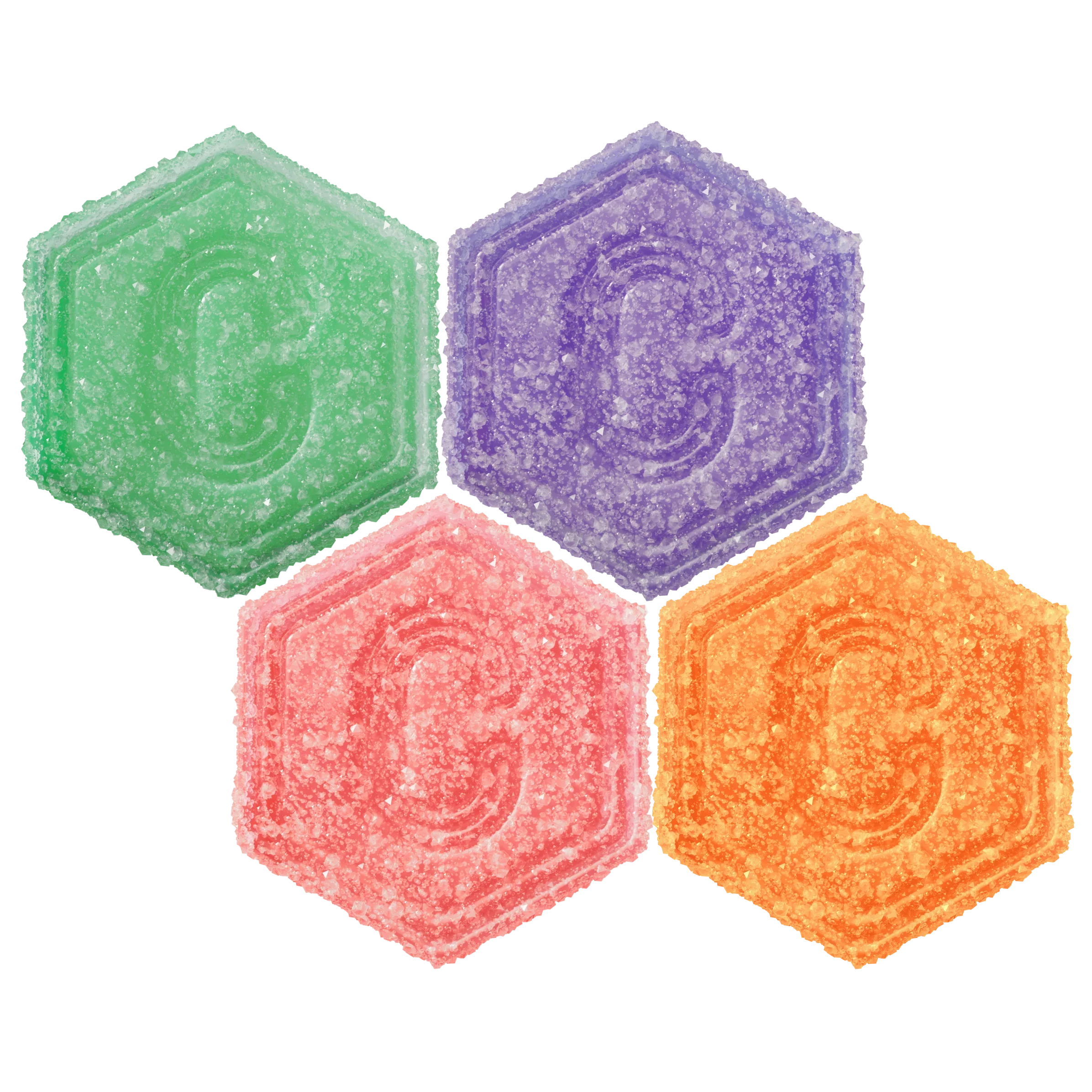 Four hexagon creatine gummies in green, purple, pink and orange