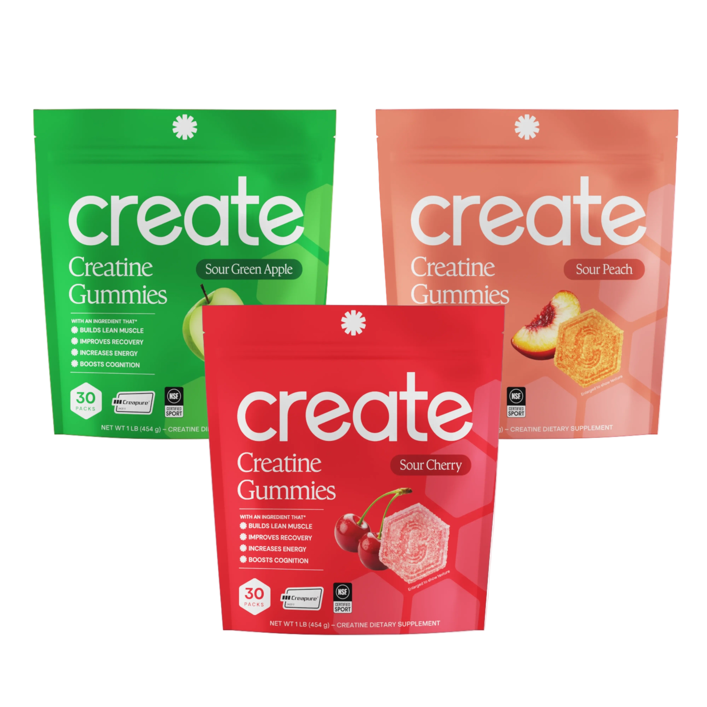 Four Create gummy pouches in red, pink, green and orange