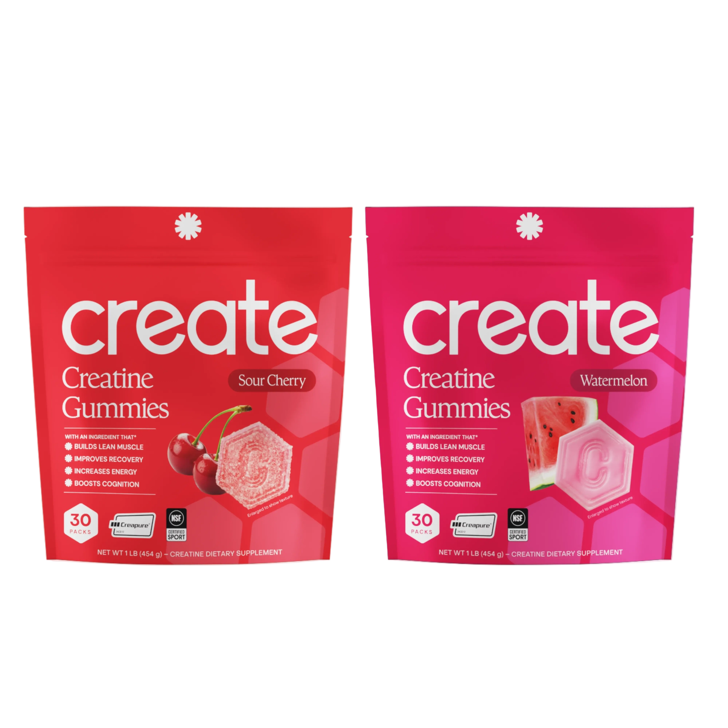 Two red Create pouches, Sour Cherry and Watermelon