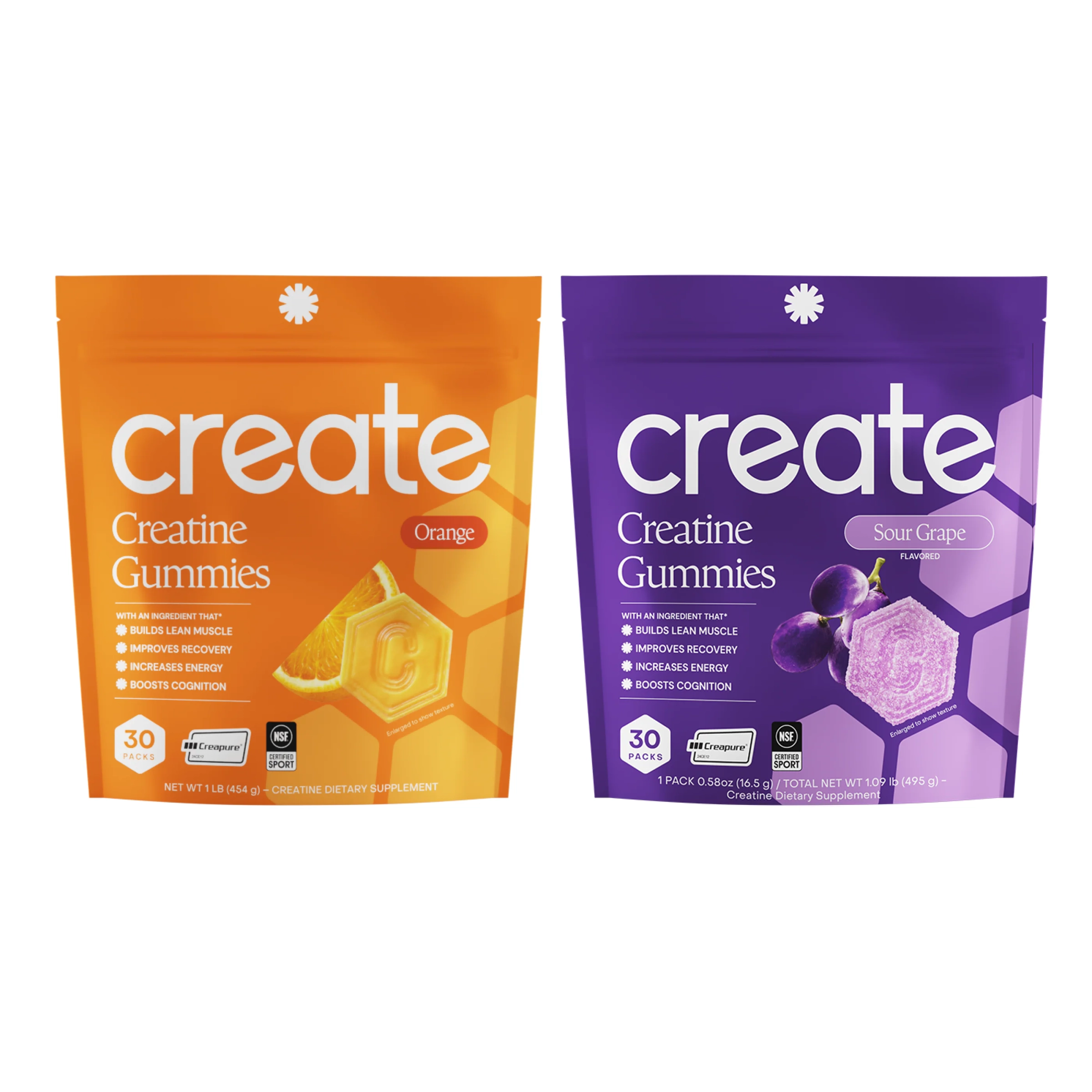 An orange and a purple Create gummy pouch side by side