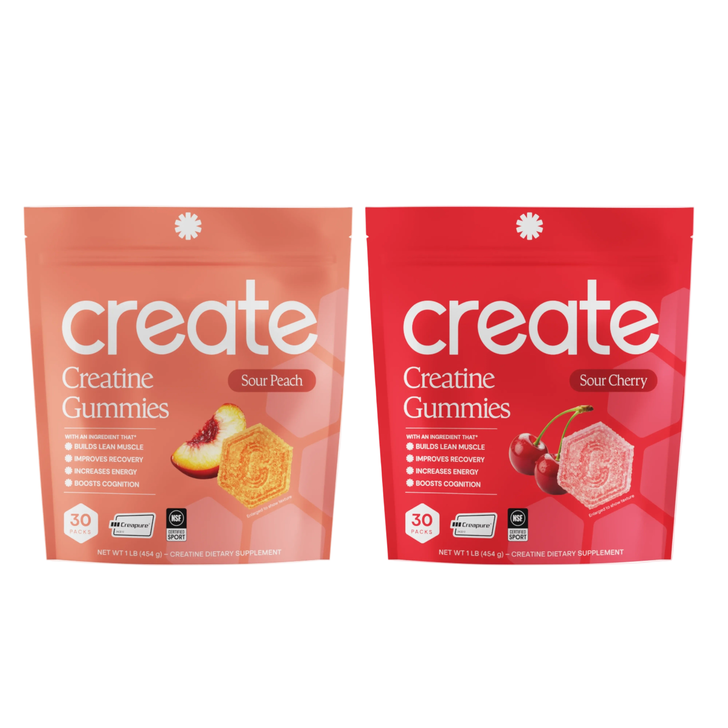 A peach Create pouch next to a red one