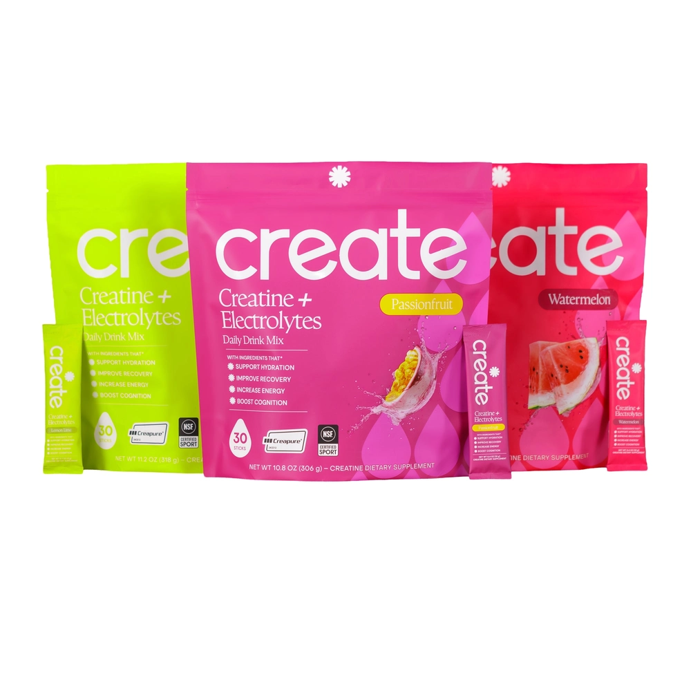 Three Create Creatine + Electrolytes pouches in pink and green