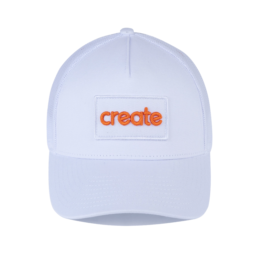 White trucker hat with an orange Create logo