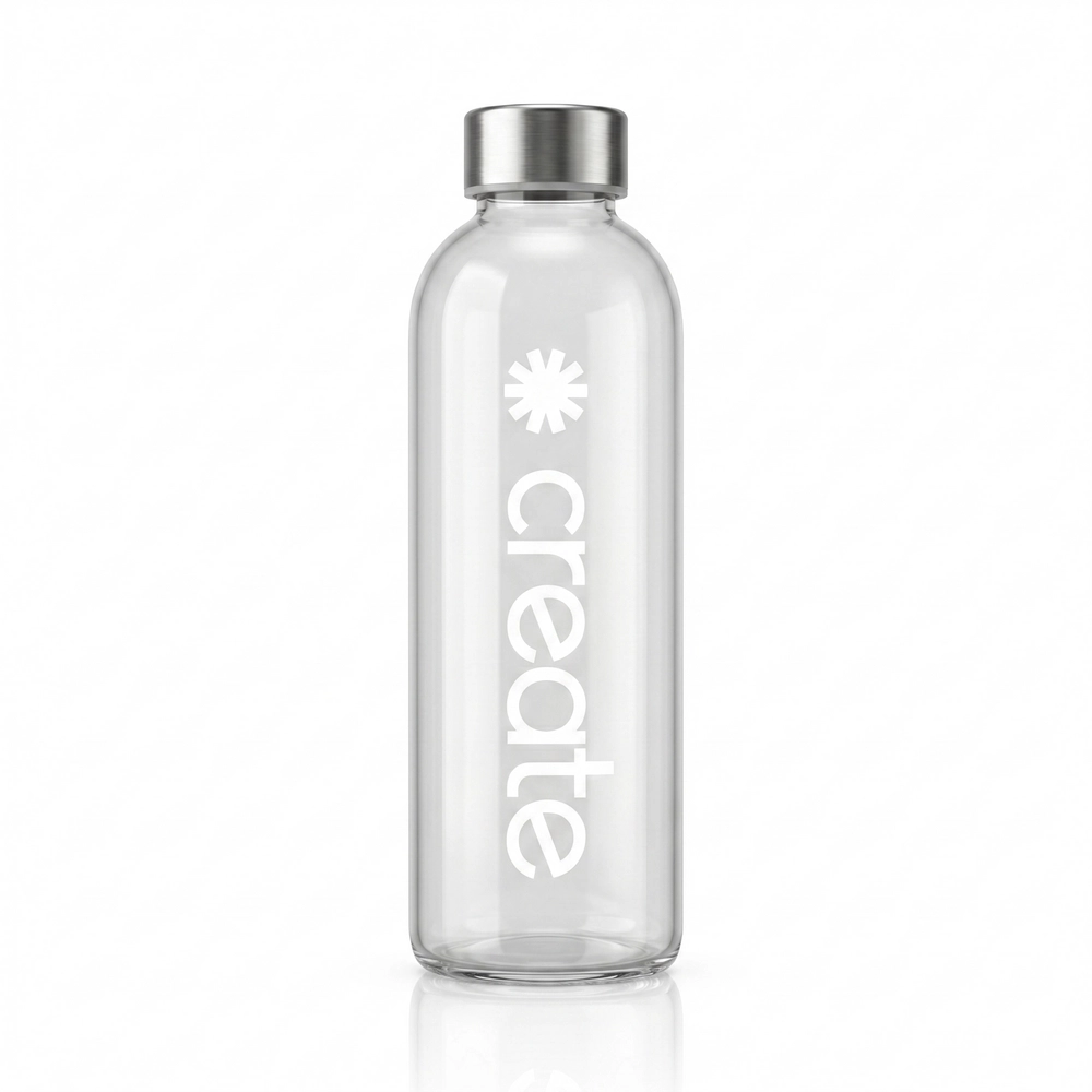 Glass water bottle with the Create logo