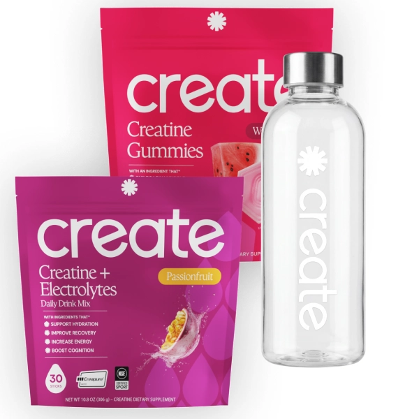 Two Create Creatine + Electrolytes pouches next to a glass bottle