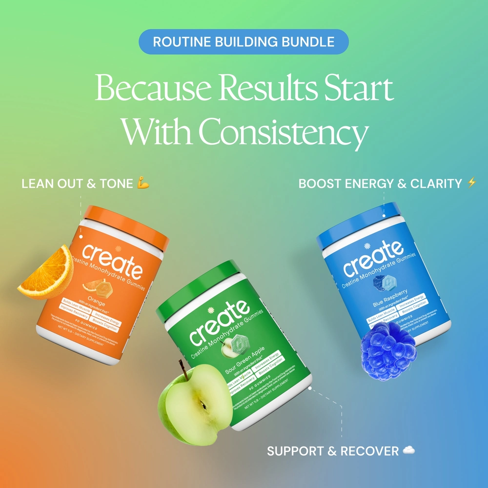 Routine Building Bundle ad with orange, green and blue gummy pouches and the line Because Results Start With Consistency